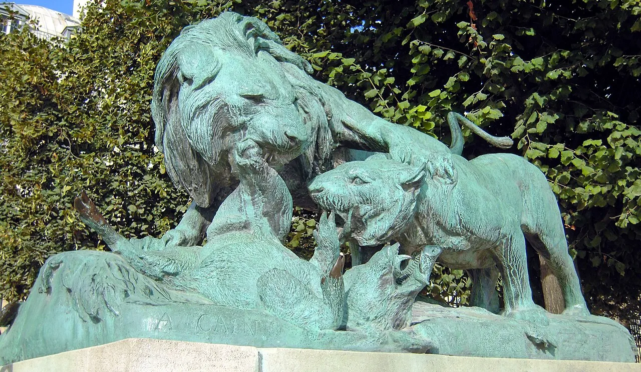 Lion et lionne se disputant un sanglier